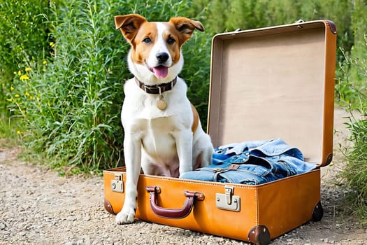 A wanderlust-filled dog lounging on a travel case, hinting at exciting vacation plans