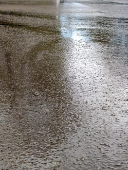 wet asphalt surface reflecting light after rainfall.
