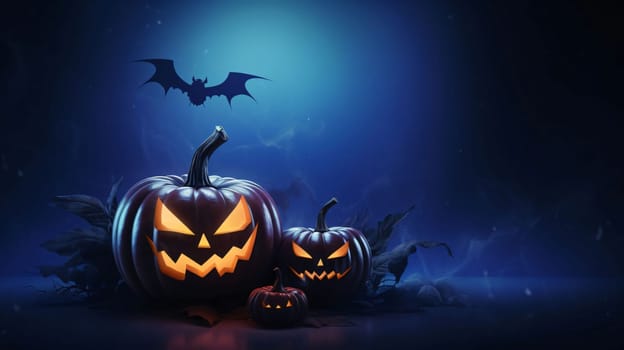 Banner: Halloween pumpkins and bats on dark background, 3d render