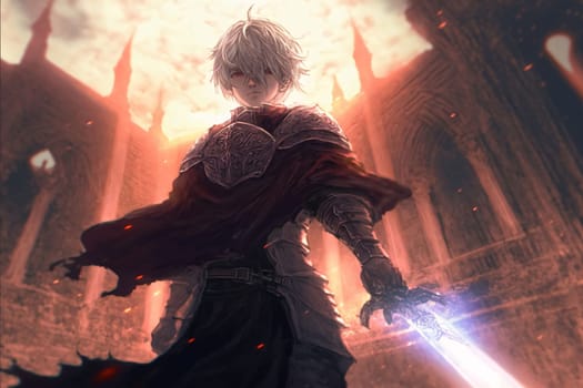 Banner: Fantasy scene with a knight in armor and sword against the background of the cathedral
