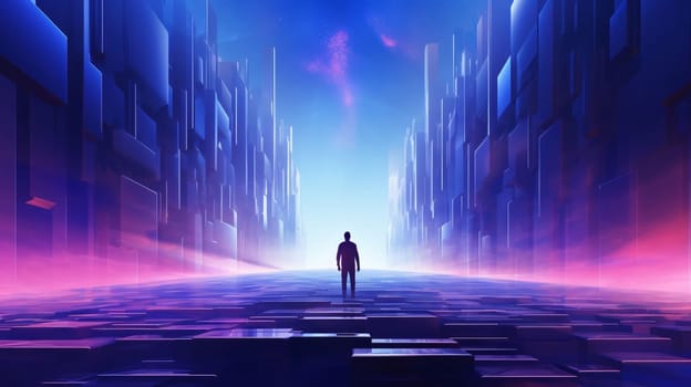 Banner: Man standing in front of a futuristic city, 3d render illustration