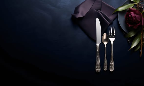Banner: Vintage cutlery on dark blue background with copy space.