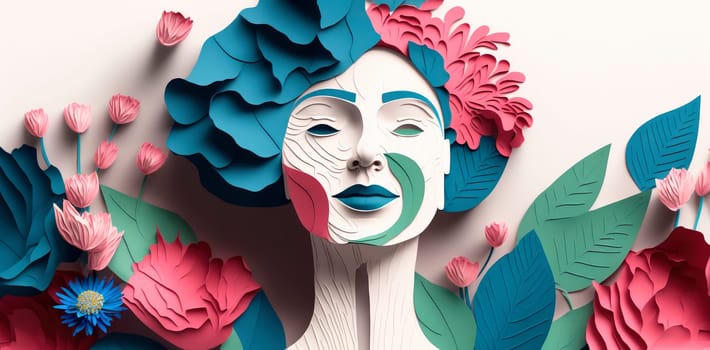 art with paper, happy woman with flowers Women's day specials. Generative Ai,