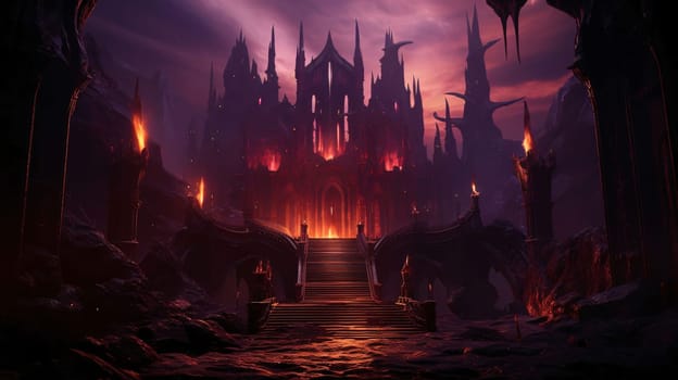 Banner: Fantasy landscape with dark castle and stairs. 3D rendering.