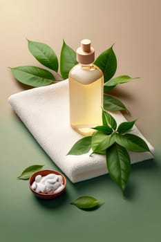 skin care spa set, decoration, candle and towels, oil bottle and green leaves and blossoms. Generative AI,