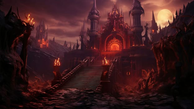 Banner: Fantasy landscape with castle, stairs and fire. 3D rendering