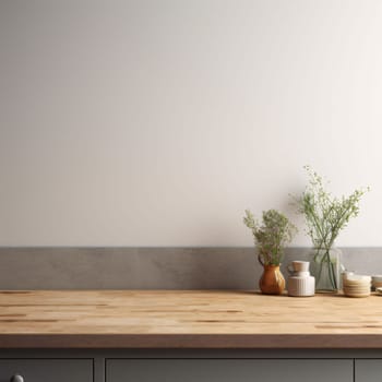 Banner: Interior of modern kitchen with white walls, concrete floor, gray countertops and wooden cupboards. 3d render
