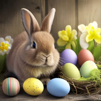 Feasts of the Lord's Resurrection: Easter bunny and colorful eggs on wooden background. Happy Easter.
