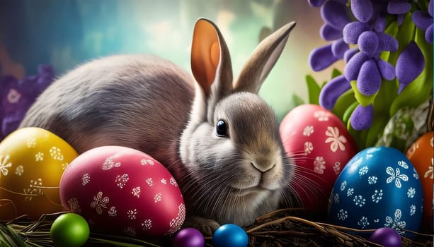 Feasts of the Lord's Resurrection: Easter bunny and colorful eggs in nest with flowers. 3d rendering