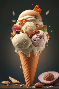 Ice cream cone with nuts. Generative AI,