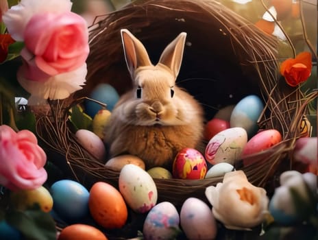 Feasts of the Lord's Resurrection: Easter bunny and easter eggs in the nest on nature background