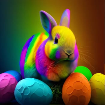 Feasts of the Lord's Resurrection: Easter bunny with colorful eggs on dark background. 3D illustration.