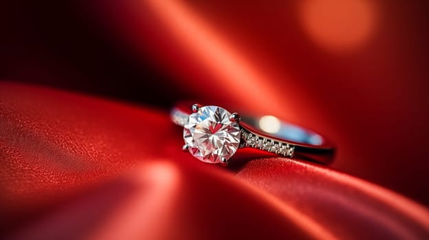 Jewellery, proposal and holiday gift, diamond engagement ring on red silk satin fabric, symbol of love, romance and commitment inspiration