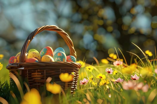 Feasts of the Lord's Resurrection: Basket with easter eggs on green grass in sunny day.