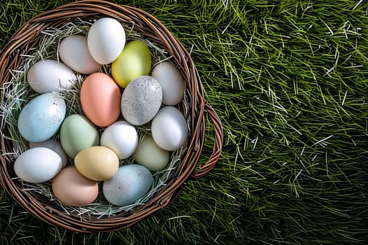Feasts of the Lord's Resurrection: Colorful easter eggs in a basket on green grass background.