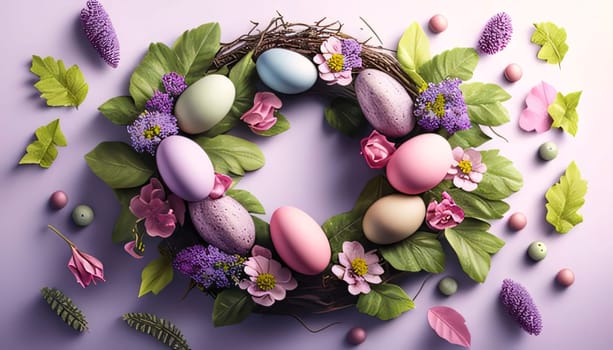 Feasts of the Lord's Resurrection: Easter wreath with eggs and flowers on purple background, top view