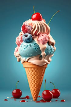 Ice cream cone with cherries. Generative AI,