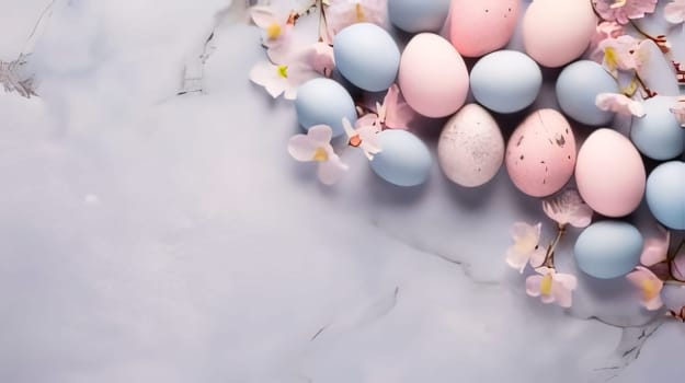 Feasts of the Lord's Resurrection: Easter eggs and spring Flowers background. Happy Easter concept