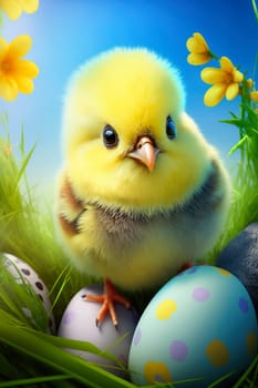 Chicken and eggs beautiful Easter background. Generative AI,