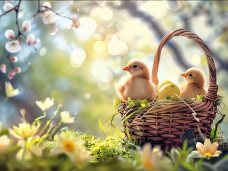 Feasts of the Lord's Resurrection: Easter basket with yellow chickens and spring flowers on bokeh background