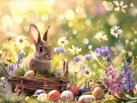 Feasts of the Lord's Resurrection: Easter bunny with easter eggs and flowers on bokeh background