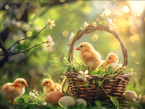 Feast of the Lord's Resurrection: Basket with easter eggs, chicks and spring flowers on green background