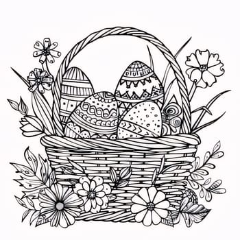 Feasts of the Lord's Resurrection: Easter basket with eggs and flowers. Vector illustration for coloring book.
