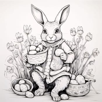 Feasts of the Lord's Resurrection: Easter bunny with basket of eggs and tulips, vector illustration