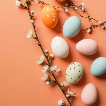 Feasts of the Lord's Resurrection: Easter eggs and spring flowers on orange background. Flat lay, top view