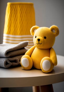 table with a plush toy bear in the baby room. Generative AI,