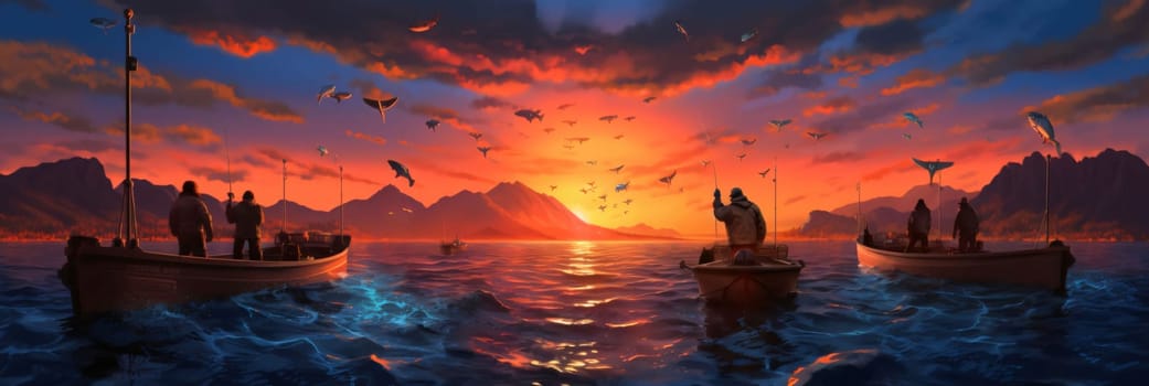 Banner: Fantasy landscape with fishing boats and mountains at sunset. 3D illustration