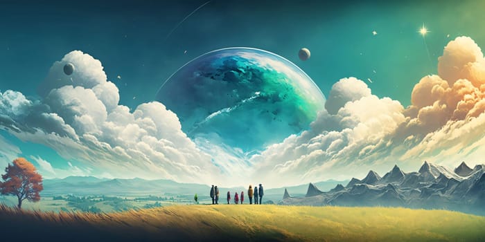 Banner: People standing on the meadow and looking at the planet. 3D rendering