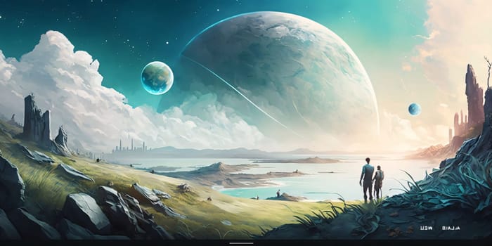 Banner: Fantasy landscape with planet, man and woman. 3d rendering