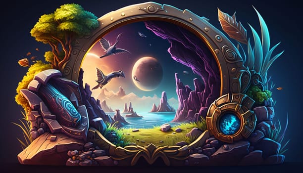 Banner: Fantasy landscape with planet and sea in the frame. Vector illustration.