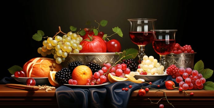 Banner: Still life with fruits and wine on wooden table. 3d illustration