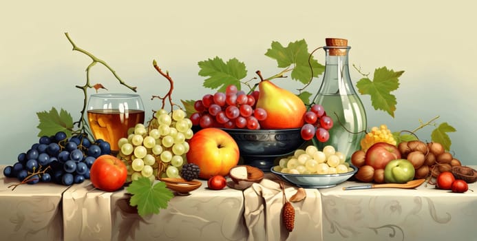 Banner: Still life with grapes, wine and fruits on the table. Vector illustration