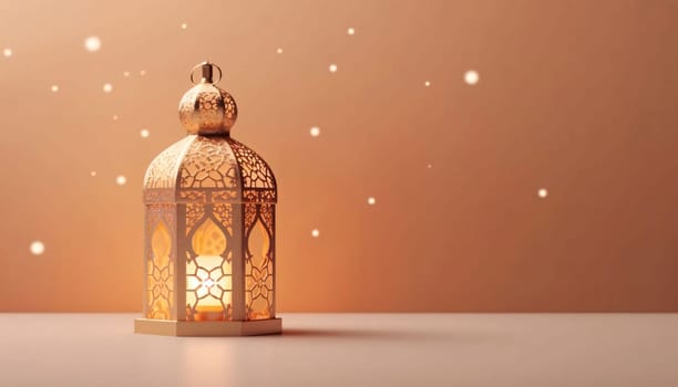 Banner: Lantern on the table. Ramadan Kareem background. 3D rendering