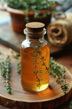 A bottle of herb oil with a cork stopper and a bunch of herbs on top of it