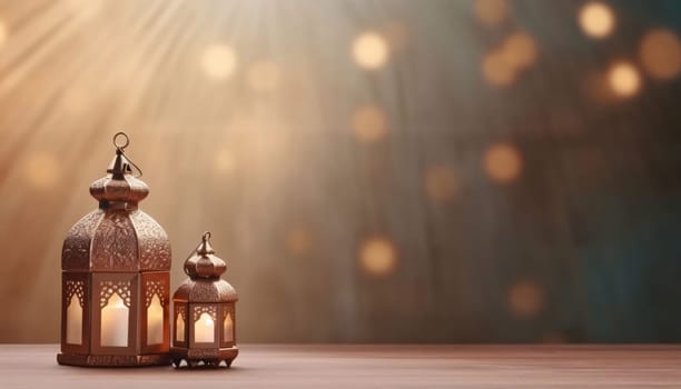 Banner: Lanterns with bokeh background. Ramadan Kareem concept