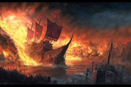 Banner: Sailing ship in the fire - 3D rendered Illustration.
