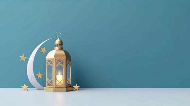 Banner: 3d rendering of Ramadan Kareem background with golden lantern and crescent moon