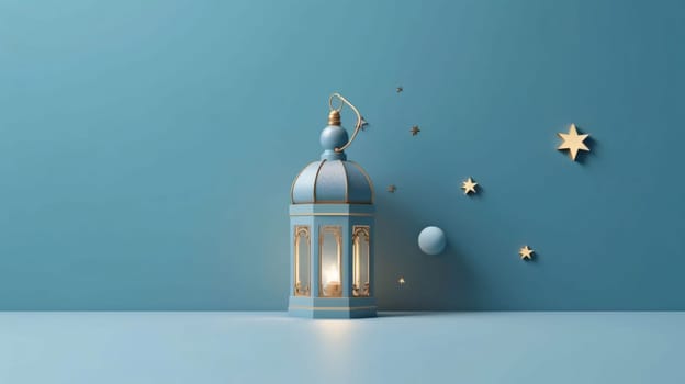 Banner: Ramadan Kareem Greeting Card. Arabic lantern and star on blue background. 3d rendering