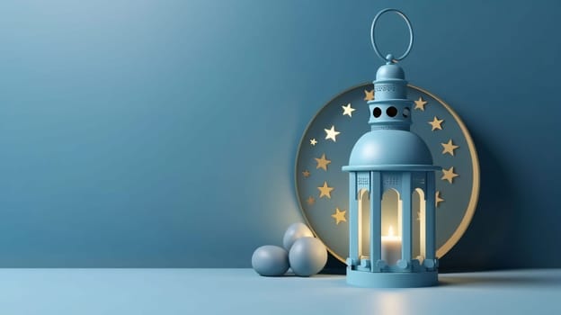 Banner: 3d rendering of Ramadan Kareem lantern in the blue room.