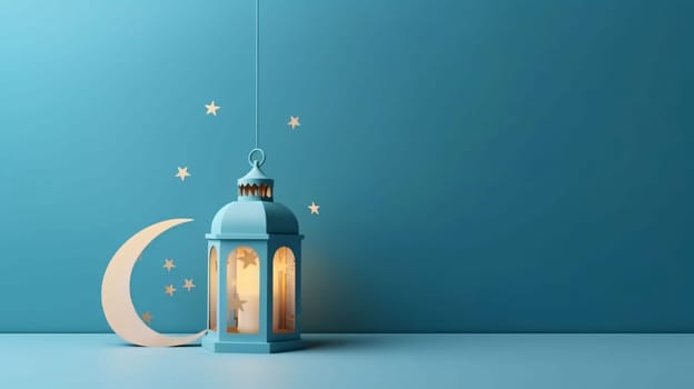 Banner: Ramadan Kareem background with blue lantern and crescent moon. 3d rendering