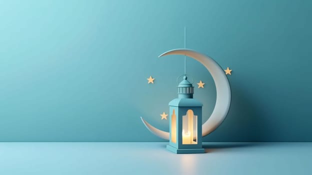 Banner: 3d rendering of Ramadan Kareem lantern and crescent moon over blue background