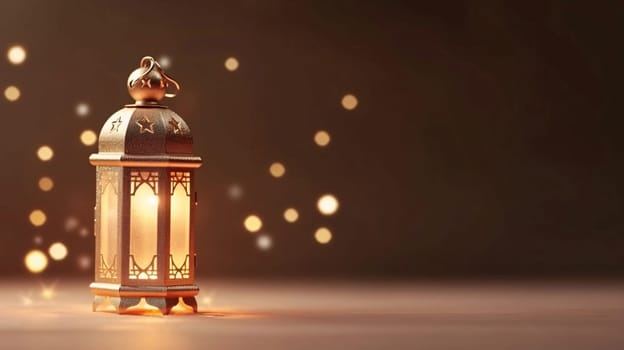 Banner: Lantern with bokeh lights. Ramadan Kareem background