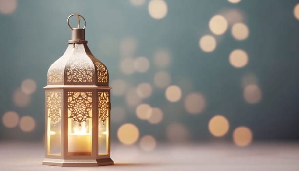 Banner: Lantern on wooden table with bokeh background. Ramadan Kareem concept.