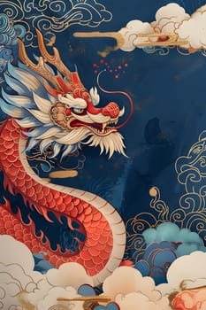A red and white dragon is depicted surrounded by clouds on a vibrant electric blue background in a colorful painting, showcasing intricate patterns in visual arts