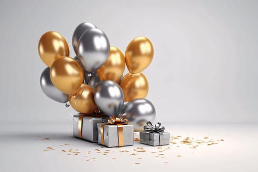 Banner: Gift box with golden and silver balloons. 3D rendering.