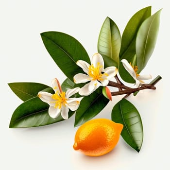 branch from a lemon tree with leaves and flowers is isolated on a white background. Generative AI,